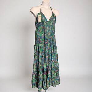 Just Cruising Boho Paisley Halter Maxi Dress Green Pink Tiered Festival One Size